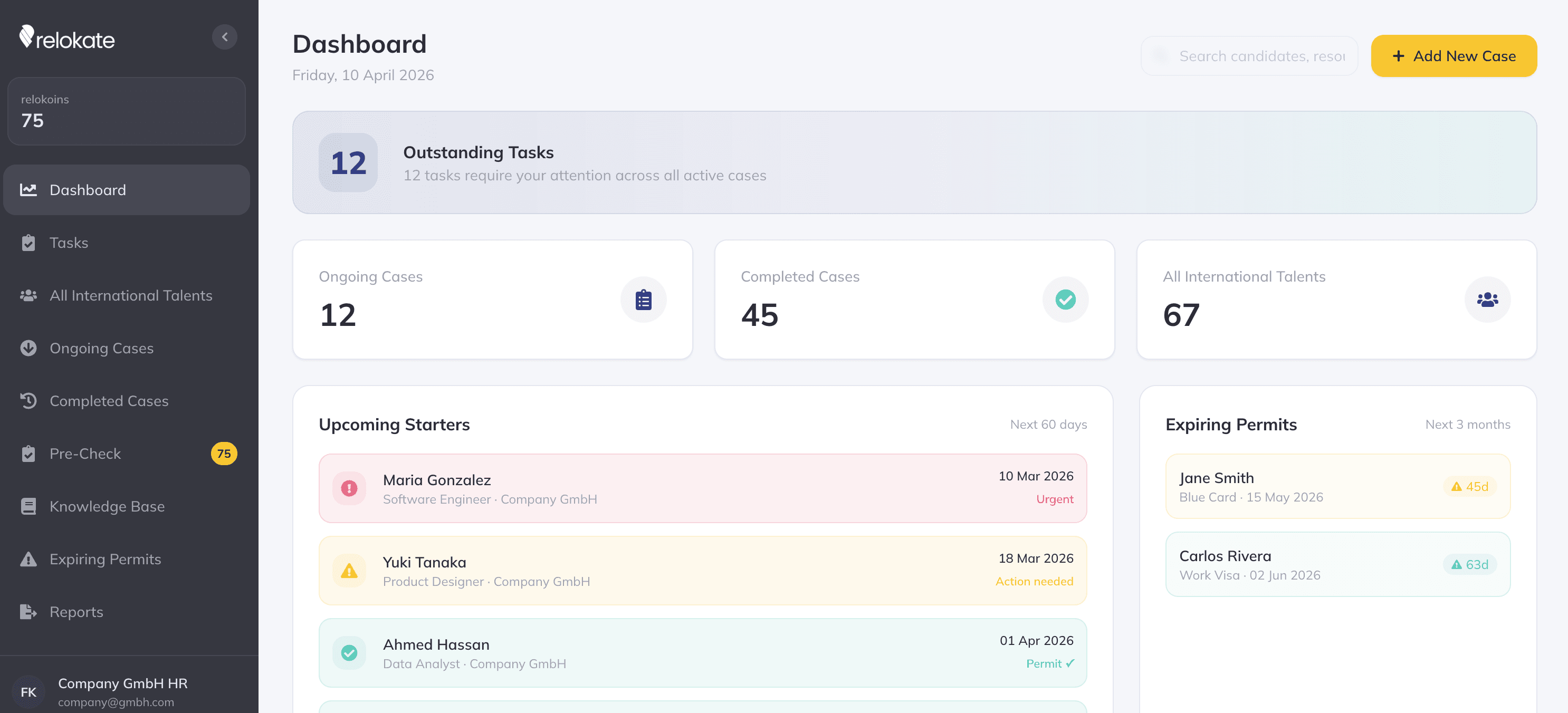 relokate dashboard — real-time case tracking showing workflow progress, tasks, and document management for an international hire
